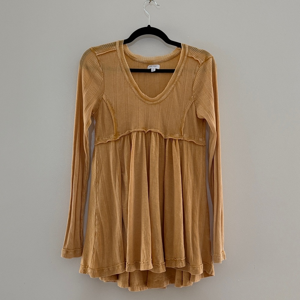 True Craft Ribbed V-Neck Babydoll Top in Mustard Fall Long Sleeve